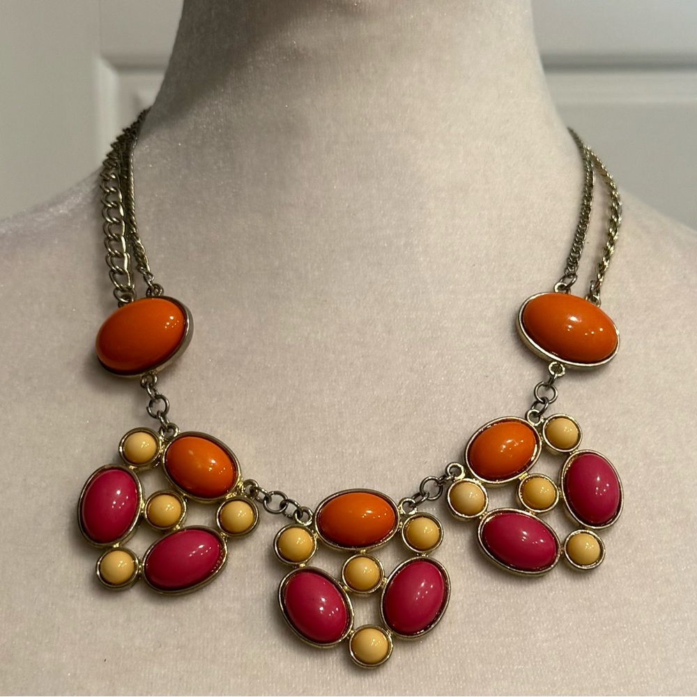 Multi Color Beaded Bib Statement Necklace Gold Chain EUC